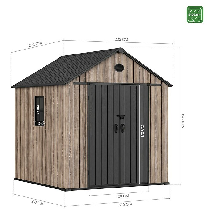 Hoggar Caseta de jardín Oak 050 (Medidas ext. (An x Pr): 223 x 222 cm, Plástico, Marrón/Antracita, 5,02 m²) | BAUHAUS