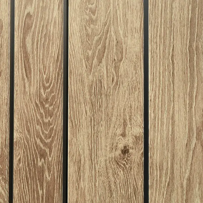 Hoggar Gartenhaus Oak - Außenmaß inkl. Dachüberstand (B x T): 223 x 222 cm, Kunststoff, Braun, 5,02 m² - Nahaufnahme von Paneelen mit Holzstruktur und schwarzen Akzenten. Ideal für moderne Innenarchitektur und Wandgestaltung.