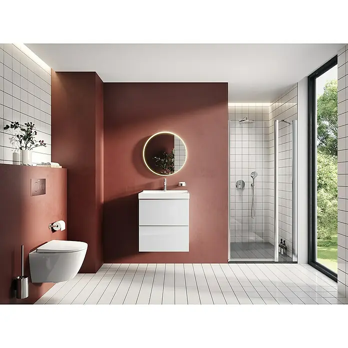 Riva Moon Waschtischunterschrank - B x T x H: 60 x 45,3 x 63,5 cm, Weiß - Elegantes Badezimmer mit einem wandhängenden WC, einem Waschtisch mit Unterschrank und einem runden Spiegel mit Beleuchtung. Die stilvolle Dusche rundet das Design ab.