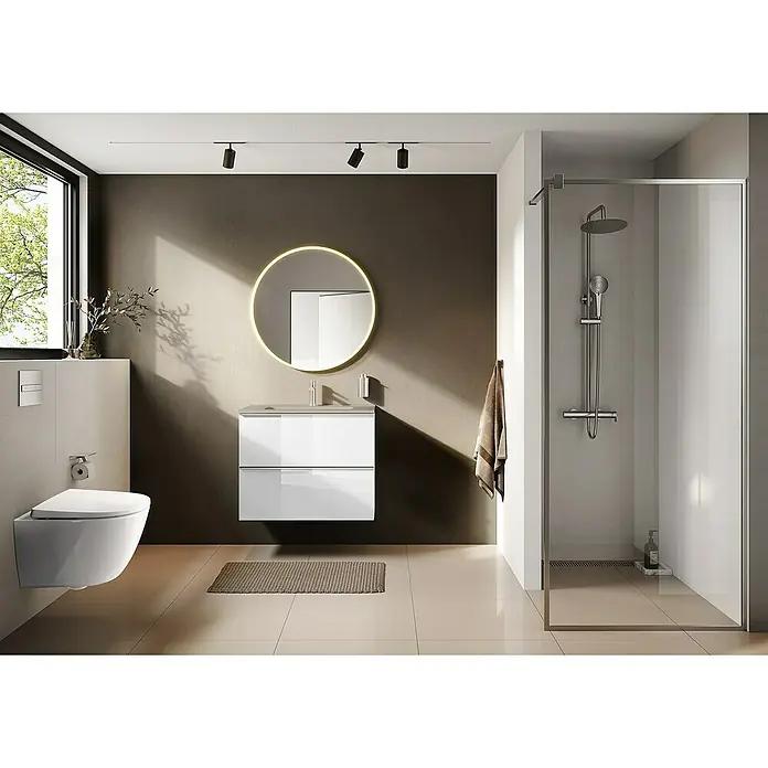Riva Moon Waschtischunterschrank - B x T x H: 80 x 45,3 x 63,5 cm, Weiß - Modernes Badezimmer mit weißen Schränken, runder Lampe und Dusche. Die elegante Gestaltung schafft eine entspannende Atmosphäre.