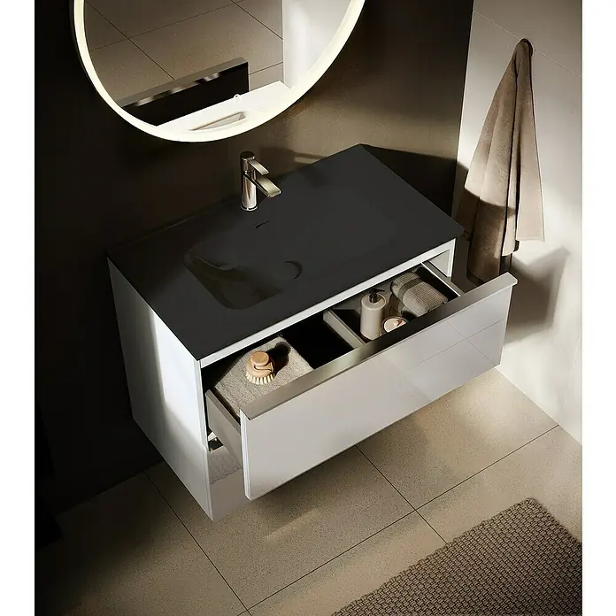Riva Moon Waschtischunterschrank - B x T x H: 80 x 45,3 x 63,5 cm, Weiß - Ein moderner Waschtisch mit offenem Schubladen-Design, das Badutensilien und Handtücher stilvoll präsentiert. Elegante Badmöbel für ein ordentliches Ambiente.