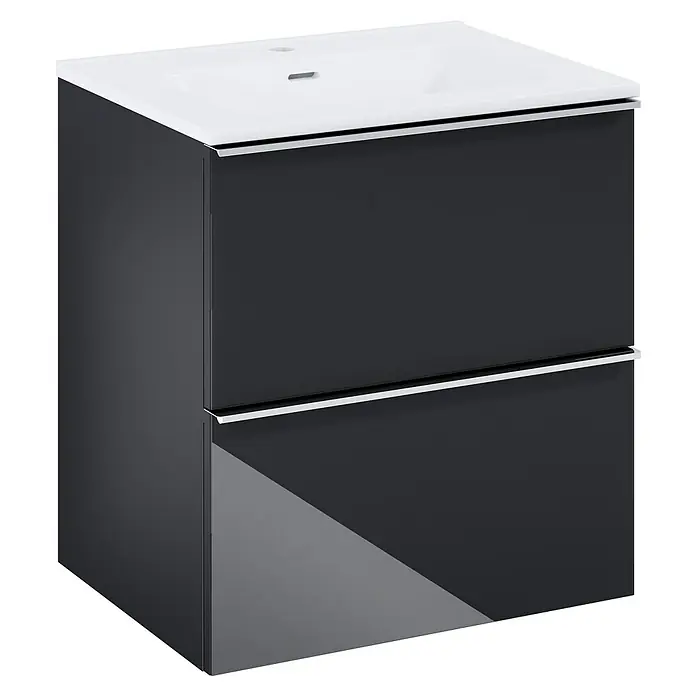 Riva Moon Waschtischunterschrank - B x T x H: 60 x 45,3 x 63,5 cm, Schwarz - Ein moderner Waschtischunterschrank in Anthrazit mit zwei Schubladen und weißem Waschbecken. Die Griffe sind in Chrom gehalten.