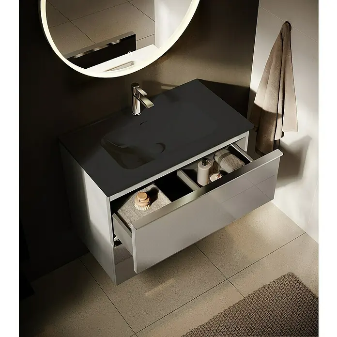 Riva Moon Waschtischunterschrank - B x T x H: 80 x 45,3 x 63,5 cm, Fume - Ein moderner Waschtischunterschrank mit offenem Auszug und stilvollem Waschbecken, ergänzt durch einen runden Spiegel mit Beleuchtung.