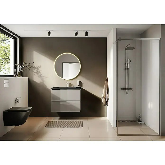 Riva Moon Waschtischunterschrank - B x T x H: 80 x 45,3 x 63,5 cm, Fume - Helles Badezimmer mit modernem Waschtisch, Spiegel und ebenerdiger Dusche. Zeitgemäßes Design mit stilvoller Beleuchtung.