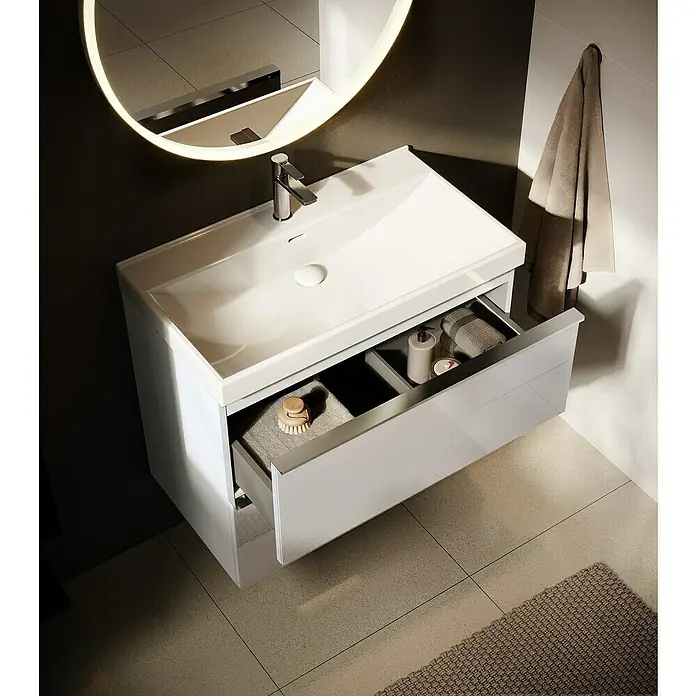 Riva Moon Waschtischunterschrank - B x T x H: 80 x 45,3 x 63,5 cm, Weiß - Das moderne Badezimmerwaschbecken mit einer Schublade ist ein stilvolles und funktionales Element für jedes Badezimmerdesign. Es bietet Stauraum.