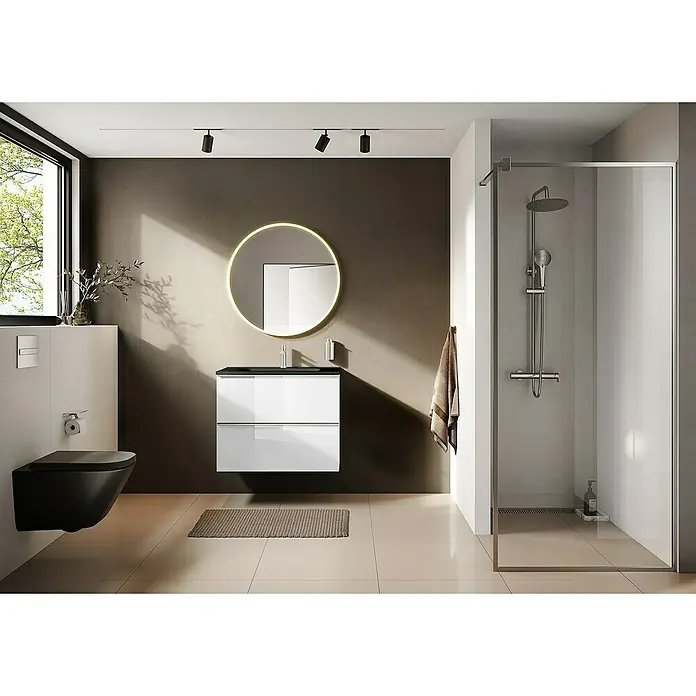 Riva Moon Waschtischunterschrank - B x T x H: 80 x 45,3 x 63,5 cm, Weiß - Modernes Badezimmerdesign mit schwarzer Toilette und rundem Spiegel. Der Waschtisch mit weißen Schubladen und die Dusche vervollständigen den Raum.
