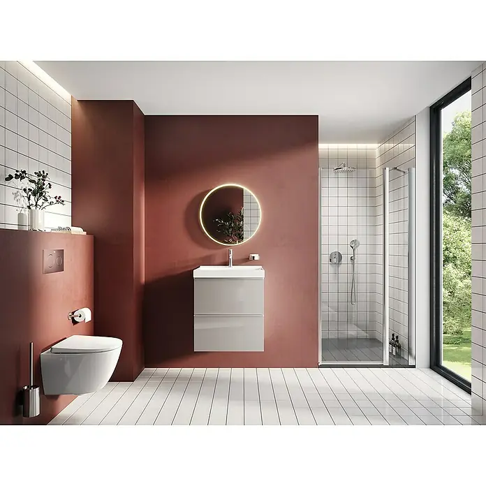 Riva Moon Waschtischunterschrank - B x T x H: 60 x 45,3 x 63,5 cm, Fume - Ein modernes Badezimmer mit einer eleganten, schwebenden Waschtischkombination, einem runden Spiegel und einer stilvollen Toilette.