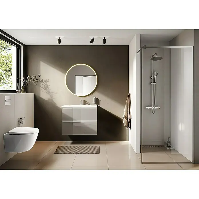 Riva Moon Waschtischunterschrank - B x T x H: 80 x 45,3 x 63,5 cm, Fume - Modernes Badezimmer mit einem wandhängenden WC, einem Waschtisch mit Spiegel und einer begehbaren Dusche für ein stilvolles Ambiente.