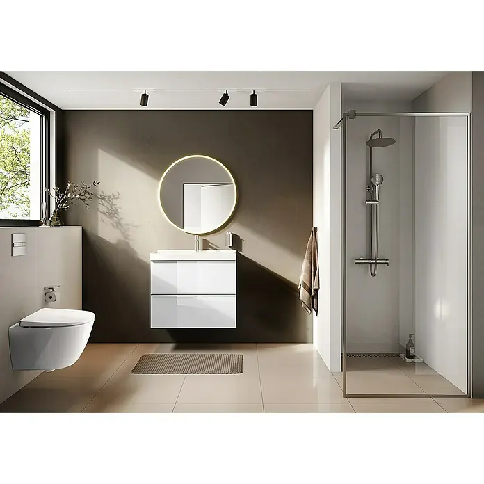 Riva Moon Waschtischunterschrank - B x T x H: 80 x 45,3 x 63,5 cm, Weiß - Elegantes Badezimmer mit weißem Hänge-WC, Waschtisch mit Schubladen und runder Spiegelleuchte. Moderner Look mit Dusche und Handtuchhalter.