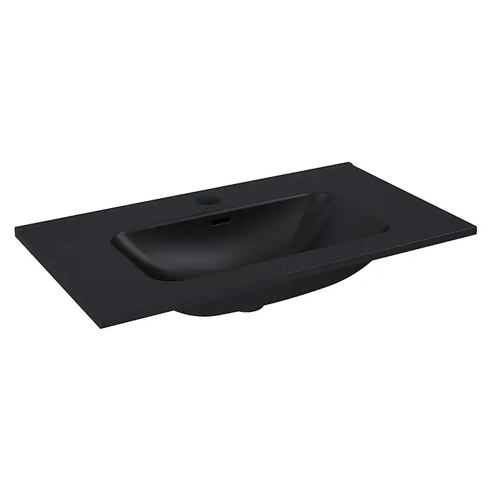 Riva Moon Einbauwaschbecken - 80 x 46 cm, Hahnloch: Mitte, Mit Überlauf, Schwarz - Dunkelgraues Aufsatzwaschbecken mit rechteckiger Form, ideal für moderne Badezimmerdesigns, präsentiert in minimalistischer Eleganz.