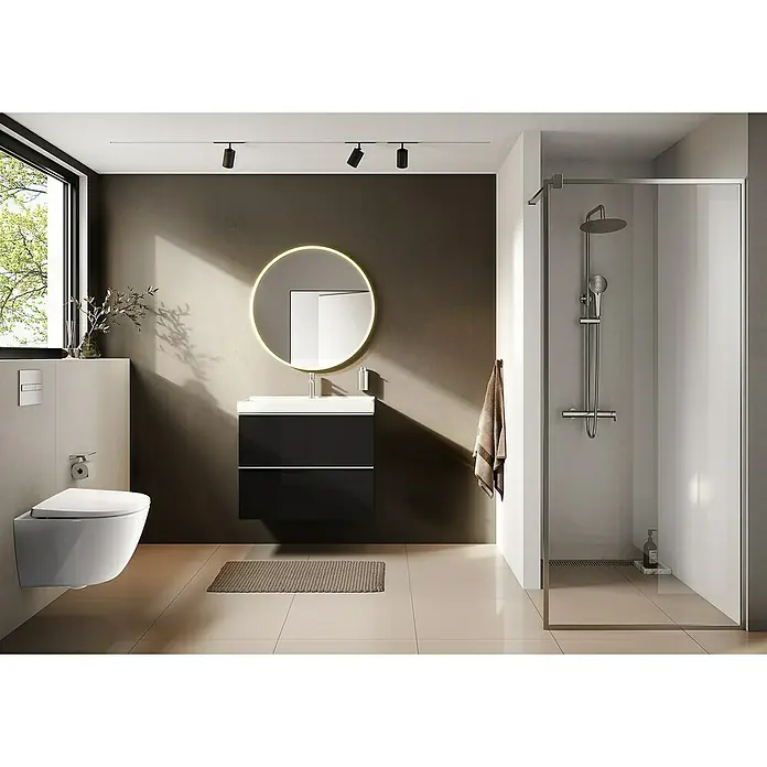 Riva Moon Waschtischunterschrank - B x T x H: 80 x 45,3 x 63,5 cm, Schwarz - Modernes Badezimmer mit einem hängenden WC, einem Waschtisch mit Unterschrank und einer begehbaren Dusche mit Glasabtrennung.