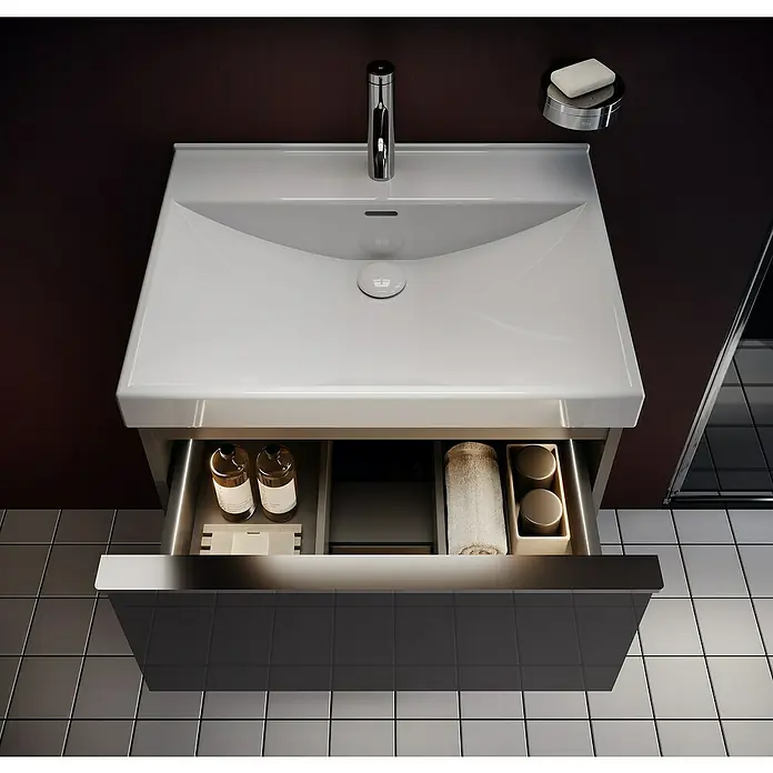 Riva Moon Waschtischunterschrank - B x T x H: 60 x 45,3 x 63,5 cm, Schwarz - Elegantes Waschbecken mit Unterschrank und offenem Schubfach. Das moderne Design wird durch die integrierte Beleuchtung hervorgehoben.