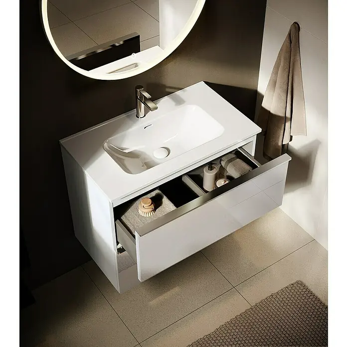 Riva Moon Waschtischunterschrank - B x T x H: 80 x 45,3 x 63,5 cm, Weiß - Stilvoller Waschtischunterschrank mit offenem Schubfach. Das moderne Badmöbel bietet praktischen Stauraum und fügt sich nahtlos ins Bad ein.