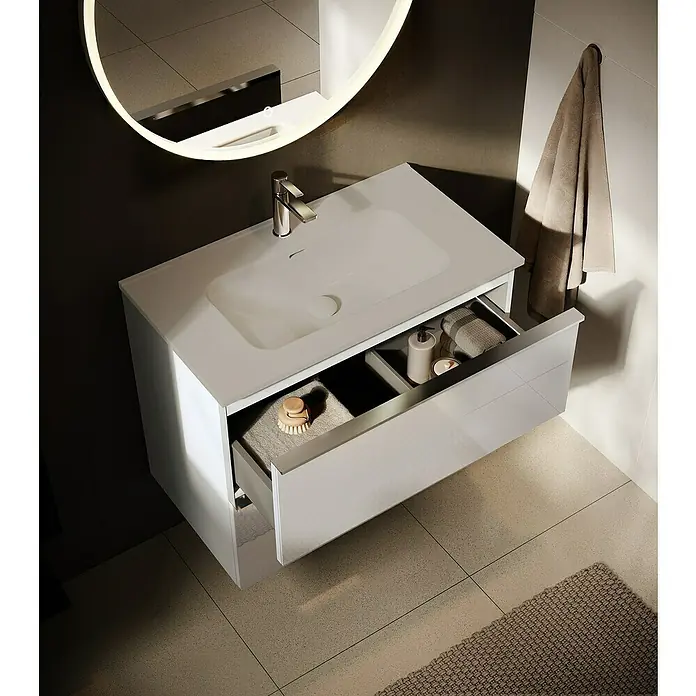Riva Moon Waschtischunterschrank - B x T x H: 80 x 45,3 x 63,5 cm, Weiß - Modernes Badezimmerwaschbecken mit Auszug und Handtuchhalter. Die Waschkommode ist weiß und verfügt über eine offene Schublade.