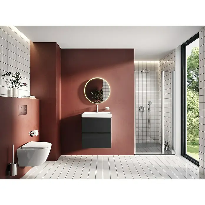 Riva Moon Waschtischunterschrank - B x T x H: 60 x 45,3 x 63,5 cm, Schwarz - Ein modernes Badezimmer mit einem hängenden WC, einem Waschtisch mit Unterschrank und einer Dusche mit Glasabtrennung. Die Wände sind teilweise gefliest oder in Rot gestrichen.