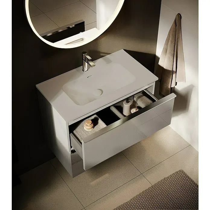 Riva Moon Waschtischunterschrank - B x T x H: 80 x 45,3 x 63,5 cm, Fume - Moderne Badezimmer-Waschtischkombination mit offenem Auszug und integriertem Waschbecken unter einem runden Spiegel mit Beleuchtung.