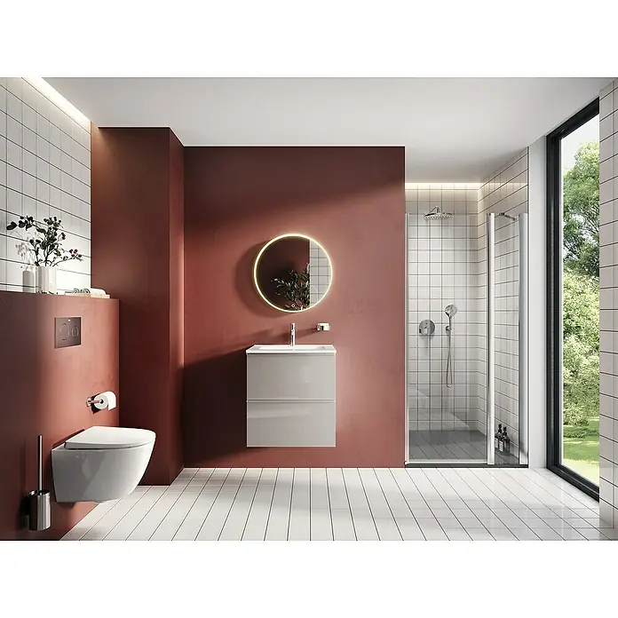Riva Moon Waschtischunterschrank - B x T x H: 60 x 45,3 x 63,5 cm, Fume - Badezimmer mit modernem Design und sanfter Beleuchtung. Der Fokus liegt auf dem Spiegelschrank und der Toilette.
