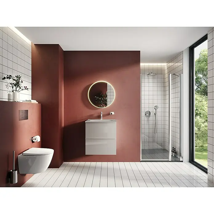 Riva Moon Waschtischunterschrank - B x T x H: 60 x 45,3 x 63,5 cm, Fume - Modernes Badezimmer mit einem schwebenden Waschtisch, einem runden Spiegel mit LED-Beleuchtung und einer stilvollen Duschkabine, die ein elegantes Ambiente schafft.