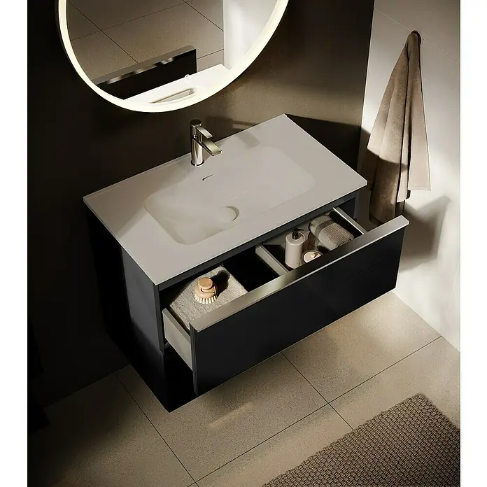 Riva Moon Waschtischunterschrank - B x T x H: 80 x 45,3 x 63,5 cm, Schwarz - Modernes Badezimmer-Waschbecken mit offener Schublade, Handtüchern und Pflegeprodukten. Elegantes Design für ein stilvolles Ambiente.