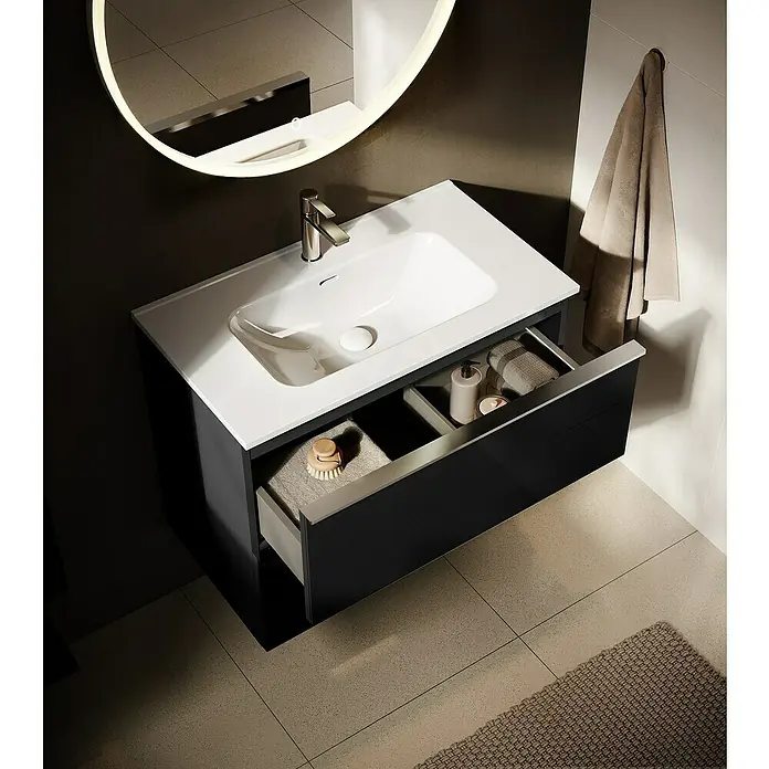 Riva Moon Waschtischunterschrank - B x T x H: 80 x 45,3 x 63,5 cm, Schwarz - Badezimmerwaschtisch mit offenem Schubfach, Waschtischarmatur, rundem Spiegel mit LED-Beleuchtung und Handtuchaufhänger.