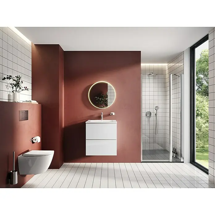 Riva Moon Waschtischunterschrank - B x T x H: 60 x 45,3 x 63,5 cm, Weiß - Modernes Badezimmer mit WC, Waschtisch und Dusche. Der runde Spiegel mit Beleuchtung ist ein Blickfang. Elegantes und stilvolles Design.