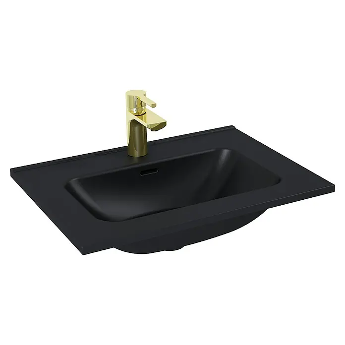 Riva Moon Einbauwaschbecken - 60 x 46 cm, Hahnloch: Mitte, Mit Überlauf, Schwarz - Moderne, schwarze Waschtischplatte mit goldenem Wasserhahn, elegantes Design für Badezimmer mit Stil.