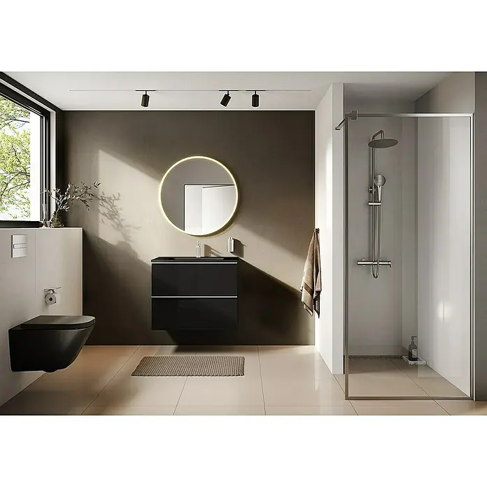 Riva Moon Waschtischunterschrank - B x T x H: 80 x 45,3 x 63,5 cm, Schwarz - Modernes Badezimmer mit schwarzem Waschtisch, beleuchtetem Spiegel und begehbarer Dusche. Elegantes Design für ein stilvolles Ambiente.
