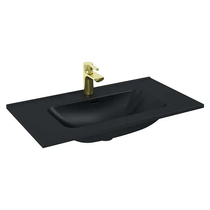 Riva Moon Einbauwaschbecken - 80 x 46 cm, Hahnloch: Mitte, Mit Überlauf, Schwarz - Schwarzes Waschbecken mit goldener Armatur. Elegantes Design für moderne Badezimmer, stilvoll und funktional.