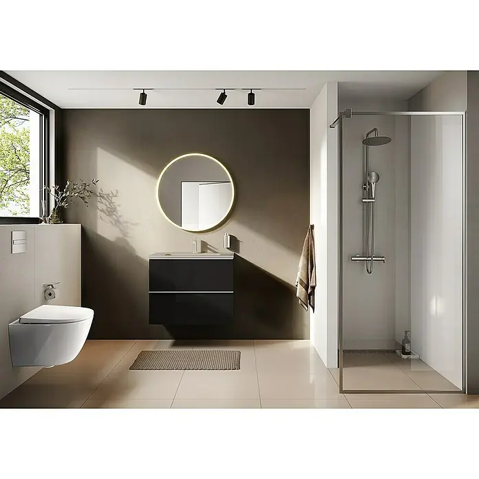 Riva Moon Waschtischunterschrank - B x T x H: 80 x 45,3 x 63,5 cm, Schwarz - Elegantes Badezimmer mit einer modernen Dusche, einem stilvollen Waschtisch mit Spiegel und einer schwebenden Toilette. Die Beleuchtung ist hell und akzentuiert.