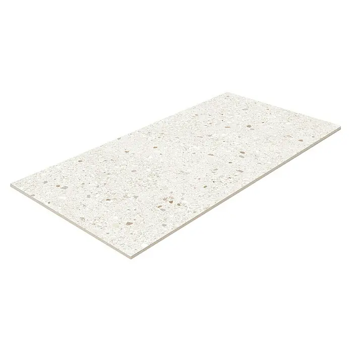 Feinsteinzeugfliese Mineral Stone - 60 x 119,8 cm, White, Matt - Nahaufnahme einer hellen Terrazzo-Fliese, die eine moderne Ästhetik und vielseitige Designmöglichkeiten zeigt.