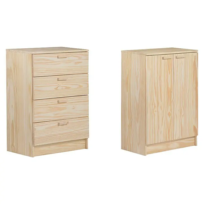 Astigarraga Vita Conjunto de muebles - 3 pzs., Natural - Esta imagen muestra una cómoda de madera clara sin terminar con cajones y un armario a juego con doble puerta.