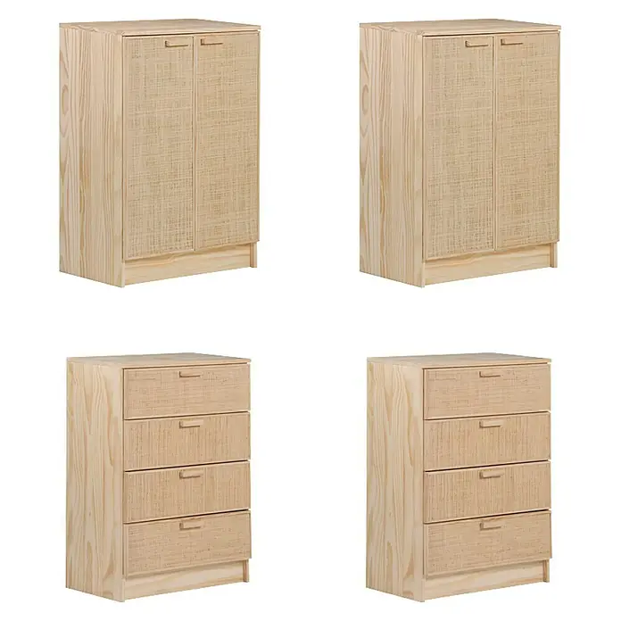 Astigarraga Aura Conjunto de muebles - 4 pzs., Madera maciza y rafia, Natural - Dos cómodas con puertas y dos cómodas con cajones en madera clara con detalles tejidos para un ambiente natural.
