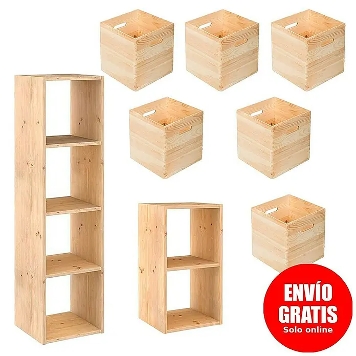 Astigarraga Dinamic Set de estanterías y cajas -  - En la imagen, un conjunto de estanterías de madera con siete cajas de madera y dos estantes de diferentes tamaños.