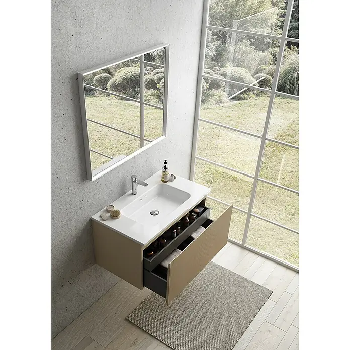 Camargue Pura LED-Lichtspiegel - 90 x 4,5 cm, Weiß - Modernes Badezimmerwaschbecken mit offenem Schubladendesign für stilvolle Badaufbewahrung.