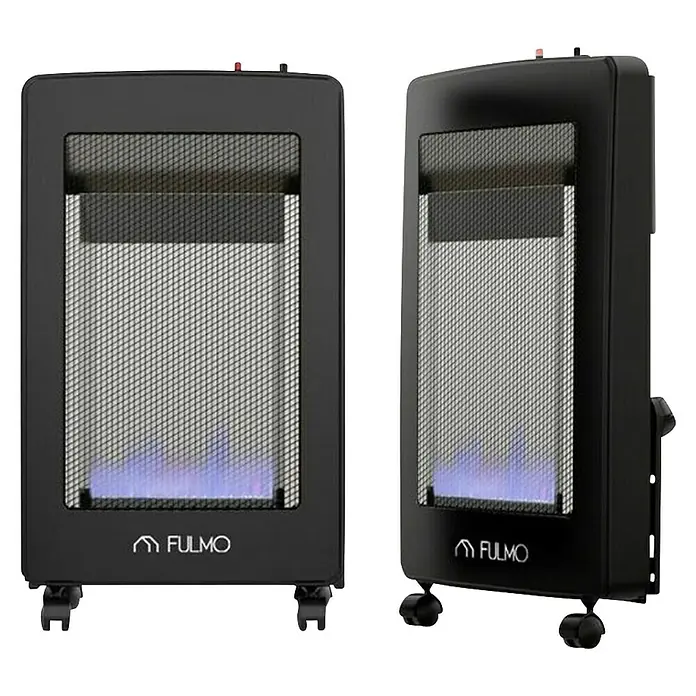 Fulmo Estufa de gas de llama azul L - 4,2 kW, Negro - Dos estufas de gas Fulmo negras con ruedas y protección de malla contra llamas azules.