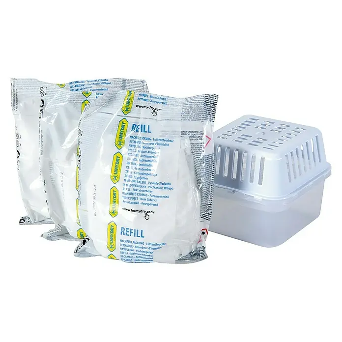 Humydry Pack deshumidificador Basic - 3 ud. - Recambios Humydry para deshumidificadores, junto con un recipiente. Control eficaz de la humedad para tu hogar.