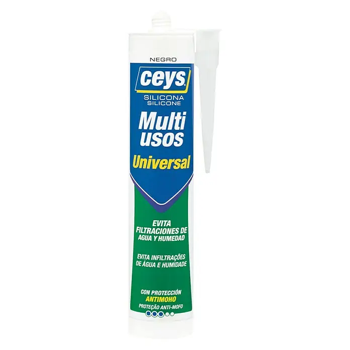 Ceys Silicona universal Multiusos -  - Imagen de un cartucho de silicona Ceys Multi Usos Universal, negro, resistente a la humedad y antimoho, ideal para diversas aplicaciones de sellado.