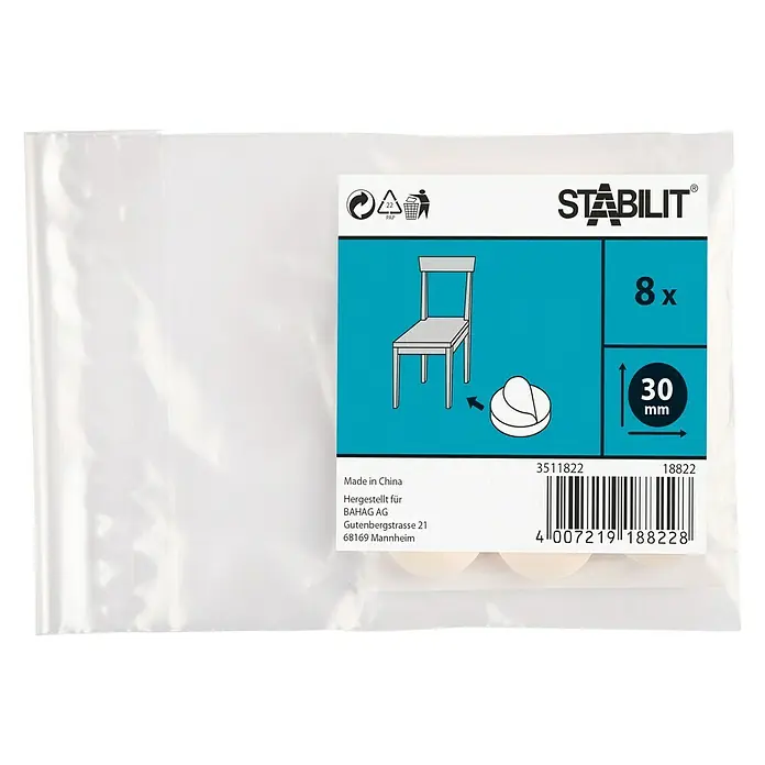 Stabilit Teppichgleiter30 mm, Hellgrau, 8 Stk., Kleben - Packung Stabilit Möbelgleiter mit 8 Stück und einem Durchmesser von 30 mm zum Schutz von Böden vor Kratzern durch Möbel.