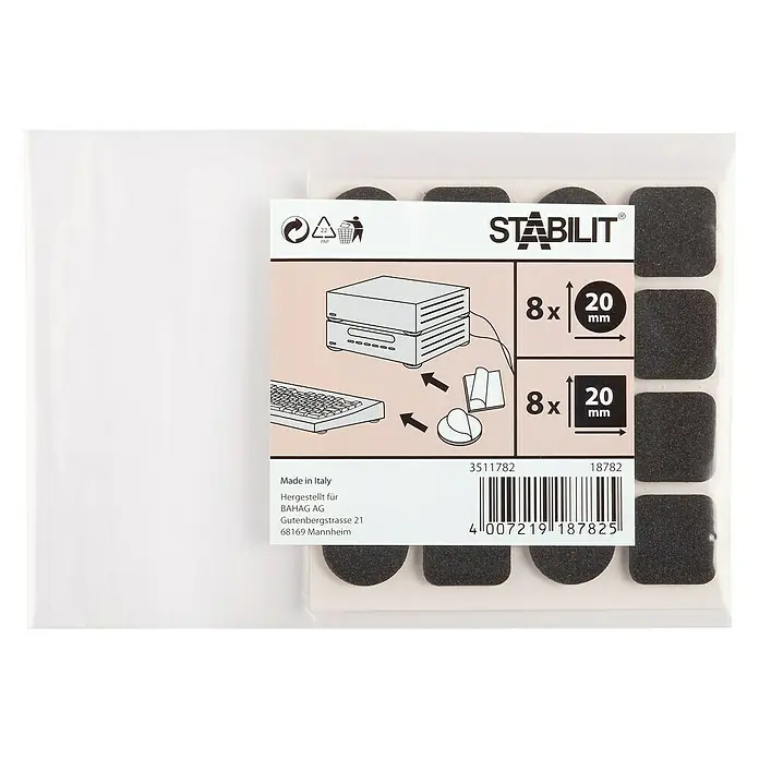 Stabilit Protector para muebles - 16 ud., Negro - Imagen de un paquete de protectores de fieltro autoadhesivos Stabilits, 16 unidades, ideal para proteger muebles y suelos.