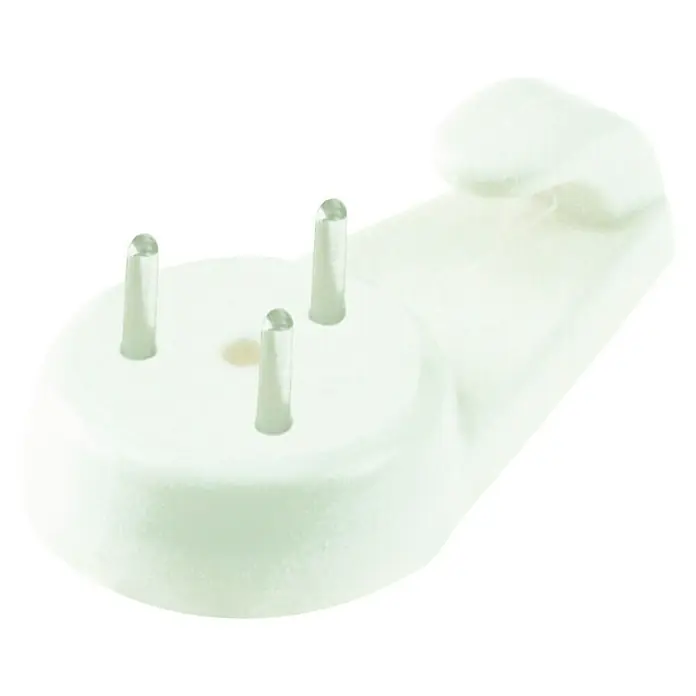Stabilit AufhängehakenL x B: 30 x 12 mm, 5 Stk., Nylon - Nahaufnahme einer weißen Bilderhaken zum Aufhängen von Bilderrahmen mit drei Nägeln auf weißem Hintergrund.