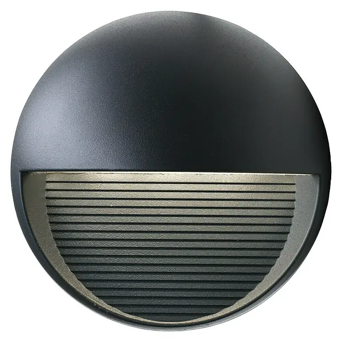 Lutec Aplique exterior LED Radius - 3 W, 17,5 x 17,5 x 10,2 cm, Antracita, Claro, IP54 - Primer plano de una lámpara de pared LED redonda negra con lamas horizontales, diseñada para uso exterior.