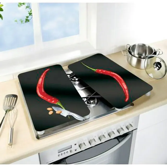 Wenko Placa de protección de vidrio Peperoni - L x An: 30 x 52 cm, Pepperoni, Panel de vidrio de seguridad - Juego de placas de cobertura para fogones con tema de chile. Las placas de vidrio protegen la cocina y sirven como espacio decorativo o tabla de cortar.