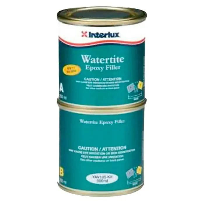 Masilla Watertite - 250 g - Interlux Watertite Epoxy Filler, un relleno epoxi de dos componentes en dos recipientes verdes con el logotipo rojo "Interlux" en la parte superior.