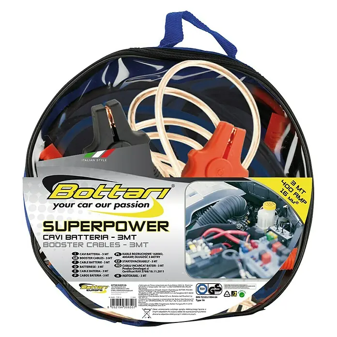 Cable de arranque de 3 metros - Pinzas de carga aisladas - La imagen muestra un juego de cables de arranque Bottari de 3 metros, diseñado para coches de 400 Amperios y 16 mm².