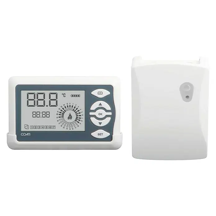Coati Cronotermostato digital portátil - Regulador de temperatura - Primer plano de un termostato COATI digital que muestra la temperatura, botones, junto a un receptor inalámbrico blanco.
