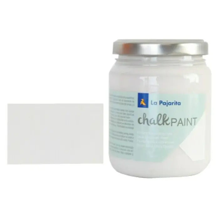 La Pajarita Pintura de tiza Chalk Paint - Sal de Ibiza, 175 ml, Mate - Un bote de pintura a la tiza La Pajarita en blanco, junto a una muestra de color. Ideal para muebles y proyectos de decoración.
