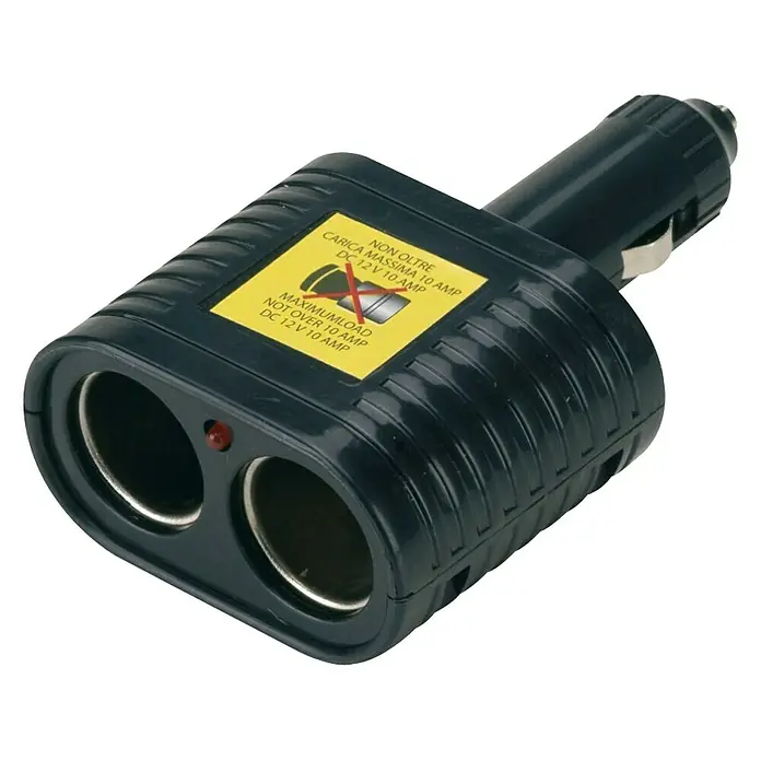 Cargador para automóvil - Apto para: Coche - Adaptador de encendedor de cigarrillos de coche con dos tomas y advertencia amarilla contra la sobrecarga con más de 10 amperios a 12V.
