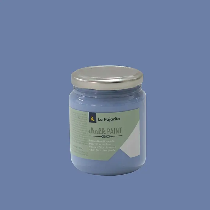 La Pajarita Pintura de tiza Chalk Paint - Azul horizonte, 175 ml, Mate - Primer plano de un bote azul de La Pajarita Chalk Paint Deco con tapa plateada, perfecto para proyectos DIY.