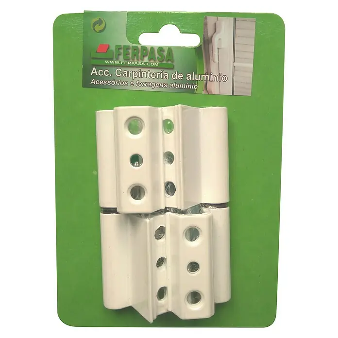 Bisagra Europea - 100 x 48 x 20 mm, Blanco, 2 ud. - Primer plano de un paquete de dos bisagras de aluminio Ferpasa blancas sobre un embalaje verde. Ideal para trabajos de carpintería.