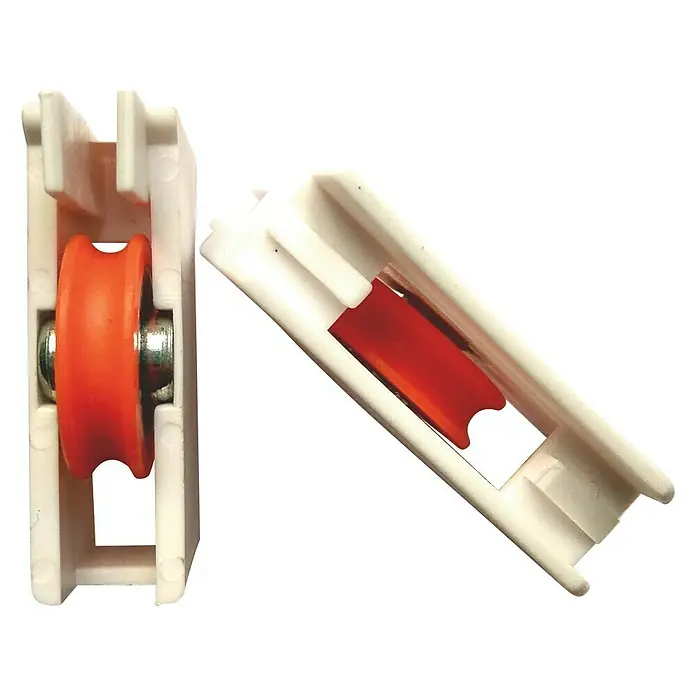 Cojinete de bolas 4-P - Diámetro: 20 mm, Ancho: 12,5 mm - La imagen muestra dos rodillos blancos para puertas correderas con una rueda naranja y una lengüeta roja, diseñados para un funcionamiento suave.